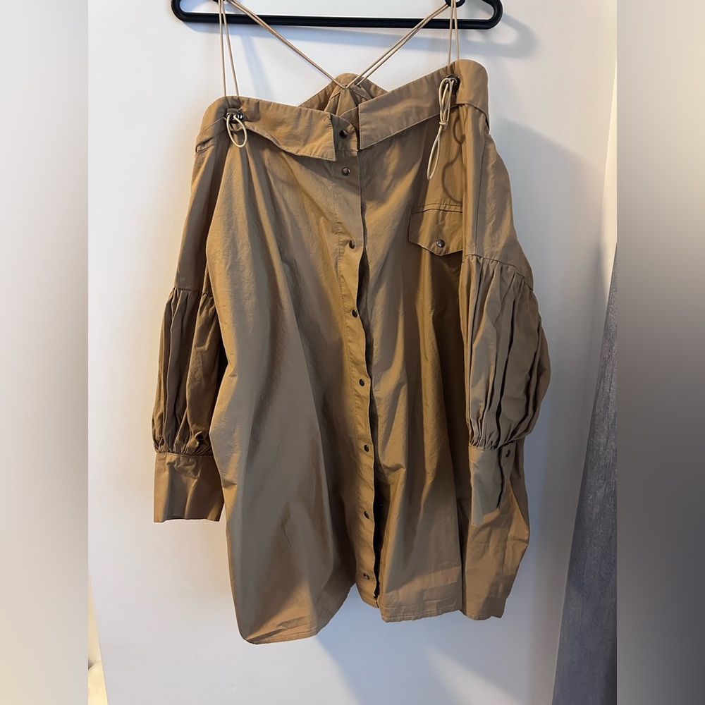 Oversized Tan Button-Front Shirt dress with Gathered Balloon Sleeves